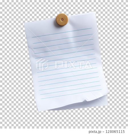 Sheet of lined paper is pinned to surface with wooden thumbtack, showing slightly crumpled texture. paper is blank, ready for notes or writing Sheet of lined paper is pinned to surface with wooden thumbtack, showing slightly crumpled texture. paper is blank, ready for notes or writing 128065115