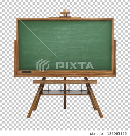 Wooden easel holds green chalkboard with blank surface, ready for writing or drawing. classic design evokes sense of nostalgia and creativity, perfect for educational settings 128065126