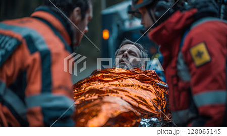 An injured man on a stretcher outdoors during a rescue operation, wrapped in a thermal blanket, surrounded by paramedics 128065145