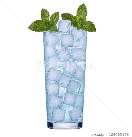 Refreshing tall glass filled with ice cubes and garnished with fresh mint leaves, perfect for cool drink on hot day 128065148