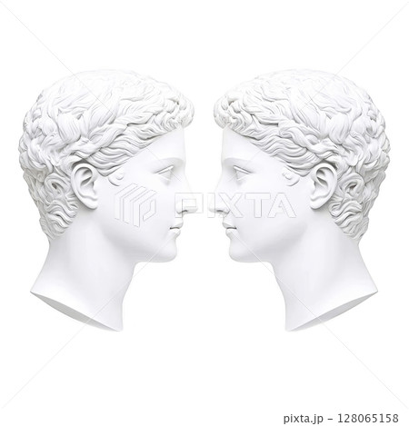 Two classical white marble busts face each other, showcasing intricate hair details and serene expressions. symmetry and elegance evoke sense of timeless beauty and artistic mastery Two classical white marble busts face each other, showcasing intricate hair details and serene expressions. symmetry and elegance evoke sense of timeless beauty and artistic mastery 128065158