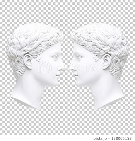 Two classical white marble busts face each other, showcasing intricate hair details and serene expressions. symmetry and elegance evoke sense of timeless beauty and artistic mastery Two classical white marble busts face each other, showcasing intricate hair details and serene expressions. symmetry and elegance evoke sense of timeless beauty and artistic mastery 128065158