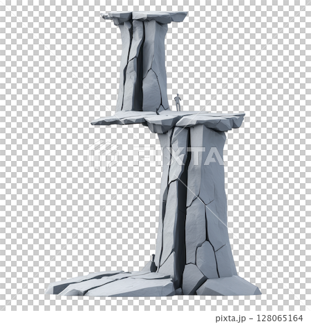 Tall, stylized rock formation with two levels, featuring sharp edges and cracked surface, stands against plain background. structure resembles natural stone pillar 128065164