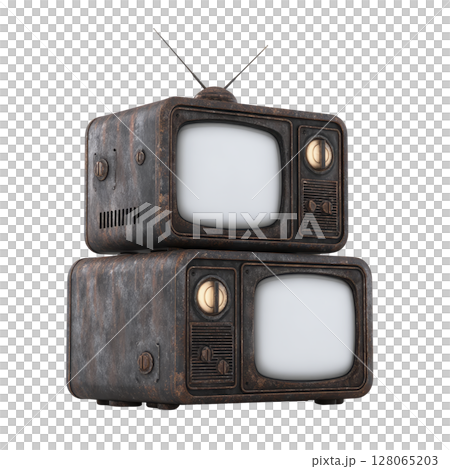 Two vintage televisions with antennas are stacked, showcasing retro design with rusty, weathered appearance. nostalgic style evokes sense of history and timelessness 128065203