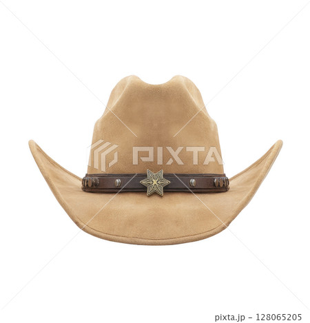 Tan cowboy hat with wide brim and decorative band featuring star emblem, exuding classic Western style. hat is made of suede material, perfect for rustic look 128065205