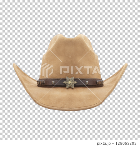 Tan cowboy hat with wide brim and decorative band featuring star emblem, exuding classic Western style. hat is made of suede material, perfect for rustic look 128065205