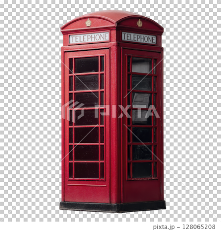 Classic red British telephone booth stands tall, showcasing its iconic design with glass paneled windows and domed roof. This nostalgic symbol evokes sense of history and charm 128065208
