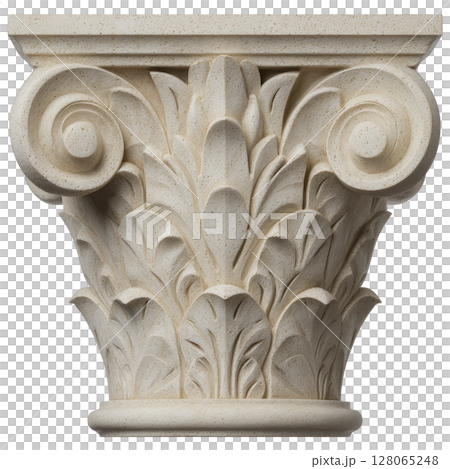 Intricately carved Corinthian capital features ornate acanthus leaves and volutes, showcasing classical architectural elegance. detailed stonework highlights its historical significance 128065248