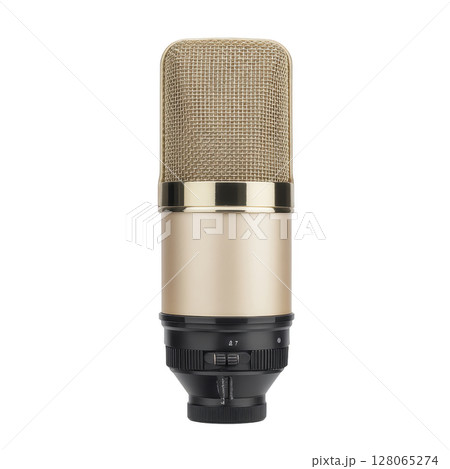Gold and black studio microphone with mesh grille, designed for professional audio recording, stands out against transparency background. sleek design and metallic finish convey sense of quality 128065274