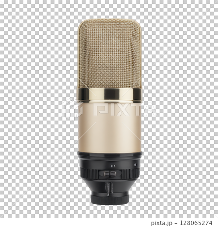 Gold and black studio microphone with mesh grille, designed for professional audio recording, stands out against transparency background. sleek design and metallic finish convey sense of quality 128065274