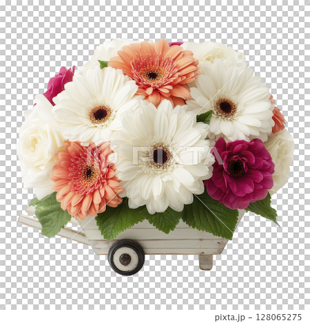 Charming arrangement of white, orange, and pink gerbera daisies and roses is beautifully displayed in small, decorative cart, creating delightful and cheerful floral centerpiece 128065275
