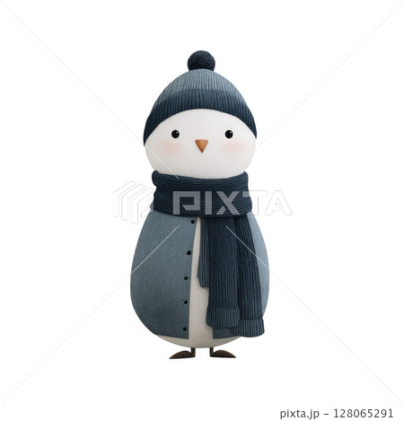 Cute, cartoon penguin wearing blue hat and scarf stands cheerfully. penguin simple design and soft colors create charming and friendly appearance 128065291