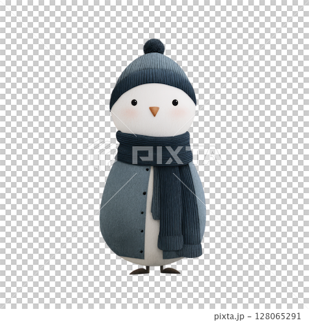 Cute, cartoon penguin wearing blue hat and scarf stands cheerfully. penguin simple design and soft colors create charming and friendly appearance 128065291