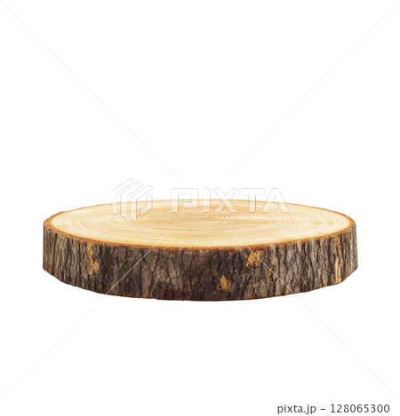 Round wooden tree slice with visible bark and growth rings, perfect for rustic decor or crafts. natural texture and earthy tones add warmth and charm to any setting 128065300