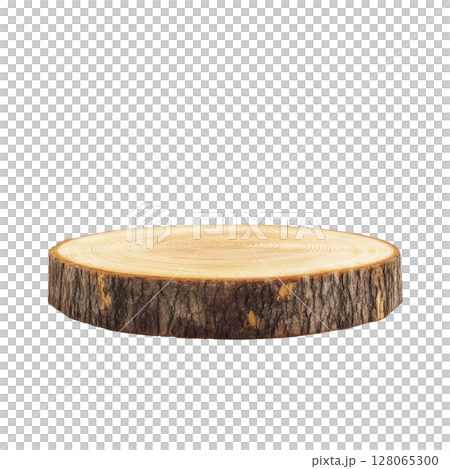 Round wooden tree slice with visible bark and growth rings, perfect for rustic decor or crafts. natural texture and earthy tones add warmth and charm to any setting 128065300