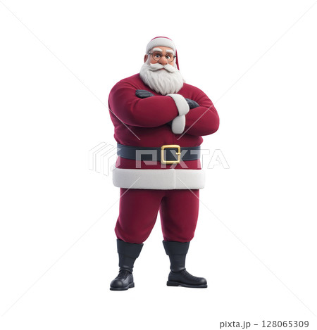 Jolly Santa Claus stands confidently with arms crossed, wearing his classic red suit, black boots, and wide belt. His white beard and glasses add to his cheerful, festive appearance 128065309
