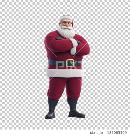 Jolly Santa Claus stands confidently with arms crossed, wearing his classic red suit, black boots, and wide belt. His white beard and glasses add to his cheerful, festive appearance 128065309