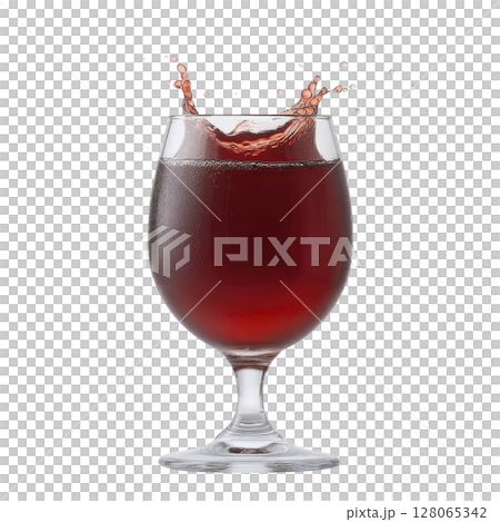 Splash of red liquid in clear glass goblet creates dynamic and refreshing scene. droplets are captured mid air, adding sense of motion and excitement Splash of red liquid in clear glass goblet creates dynamic and refreshing scene. droplets are captured mid air, adding sense of motion and excitement 128065342