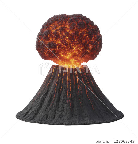 Fiery volcanic eruption with glowing lava and ash cloud showcases raw power of nature. intense heat and vibrant colors create dramatic and awe inspiring scene 128065345