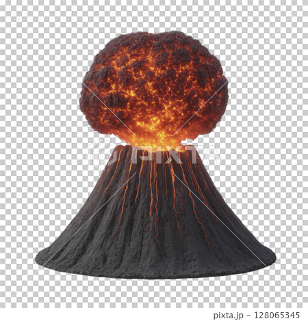 Fiery volcanic eruption with glowing lava and ash cloud showcases raw power of nature. intense heat and vibrant colors create dramatic and awe inspiring scene 128065345