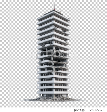 Tall, modern building with significant structural damage and debris, showing multiple floors collapsed inward, illustrating aftermath of disaster or demolition Tall, modern building with significant structural damage and debris, showing multiple floors collapsed inward, illustrating aftermath of disaster or demolition 128065376