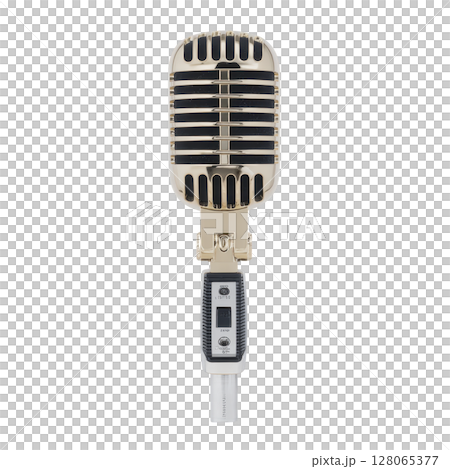 Vintage style microphone with metallic grille and classic design evokes nostalgia. It features sleek handle and retro aesthetics, ideal for performances or recordings Vintage style microphone with metallic grille and classic design evokes nostalgia. It features sleek handle and retro aesthetics, ideal for performances or recordings 128065377