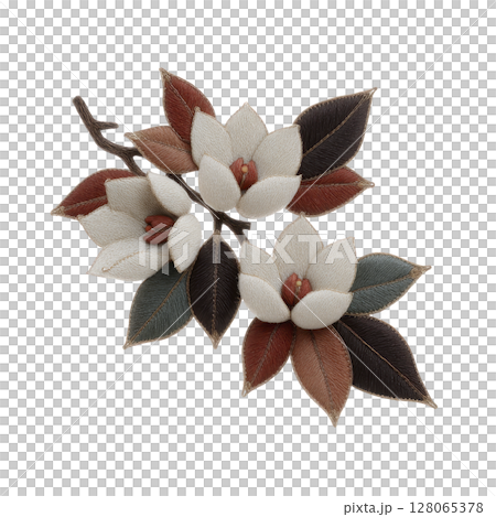 Elegant embroidered magnolia flowers with detailed leaves on branch, showcasing intricate stitching and harmonious color palette 128065378