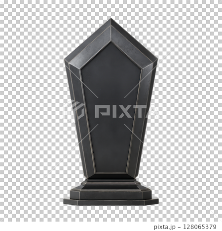 Tall, black, pentagonal tombstone with smooth surface and sturdy base, perfect for engraving. sleek design adds modern touch to traditional memorials 128065379