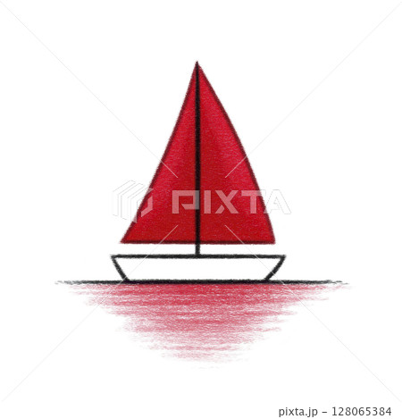Simple illustration of red sailboat with reflection on water, evoking sense of calm and adventure. minimalist design highlights vibrant red sail against transparency background 128065384