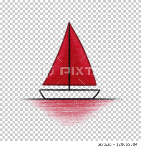Simple illustration of red sailboat with reflection on water, evoking sense of calm and adventure. minimalist design highlights vibrant red sail against transparency background 128065384