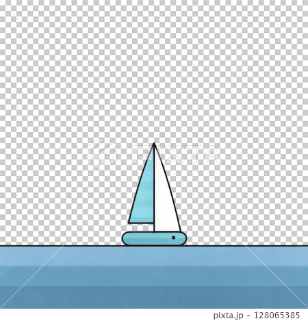 Minimalist illustration of sailboat with blue hull and white sail gliding on calm blue water, evoking sense of tranquility and simplicity 128065385