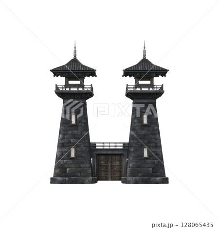 Medieval stone fortress with two tall towers and central gate, featuring dark stone and pointed roofs, evokes sense of mystery and history 128065435