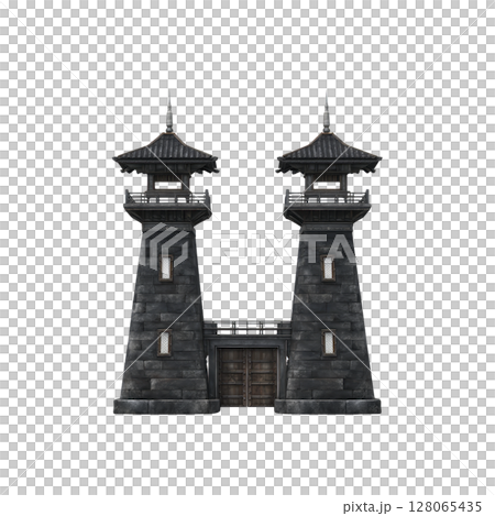 Medieval stone fortress with two tall towers and central gate, featuring dark stone and pointed roofs, evokes sense of mystery and history 128065435