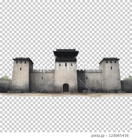 Historic stone fortress with three towers stands majestically, showcasing ancient architecture and defensive design. central tower is taller, flanked by two shorter ones, all connected by sturdy Historic stone fortress with three towers stands majestically, showcasing ancient architecture and defensive design. central tower is taller, flanked by two shorter ones, all connected by sturdy 128065436