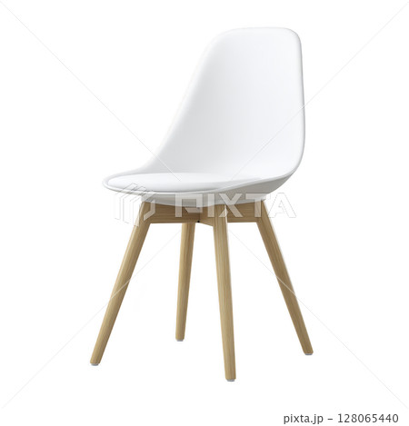 Modern white chair with sleek design and wooden legs, perfect for contemporary interiors. minimalist style adds elegance to any room, combining comfort and aesthetics seamlessly 128065440