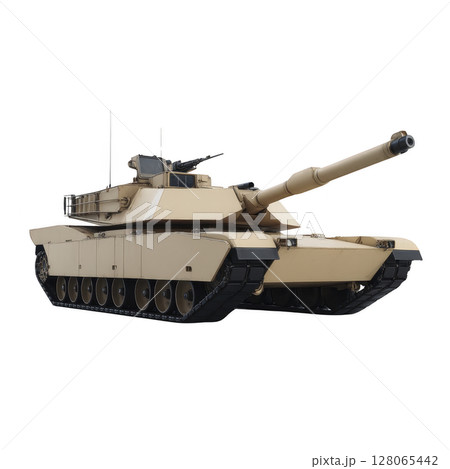 Modern military tank with long barrel and heavy armor is depicted, showcasing its powerful and robust design. tank is painted in desert camouflage pattern, suitable for arid environments 128065442