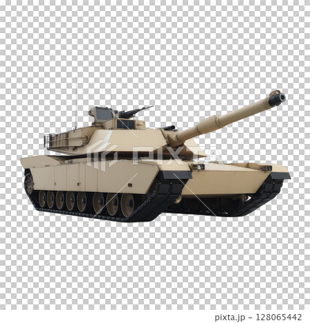 Modern military tank with long barrel and heavy armor is depicted, showcasing its powerful and robust design. tank is painted in desert camouflage pattern, suitable for arid environments 128065442