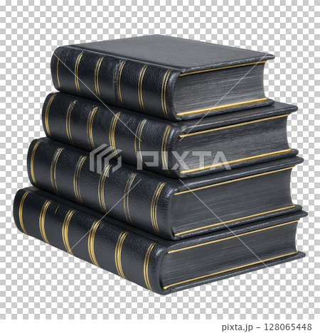 Stack of black leather bound books with gold detailing creates classic and elegant appearance, perfect for sophisticated library or study decor 128065448