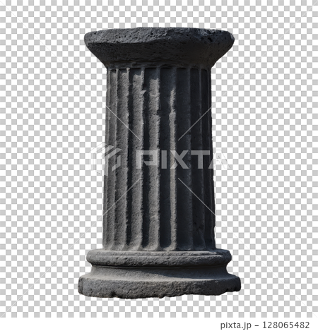 Weathered stone column with fluted design stands alone, evoking sense of ancient architecture and history. texture and shadows highlight its aged appearance, reminiscent of classical ruins 128065482