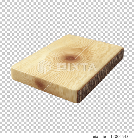 Rectangular wooden cutting board with natural bark edge and visible wood grain pattern, showcasing rustic and organic design 128065483
