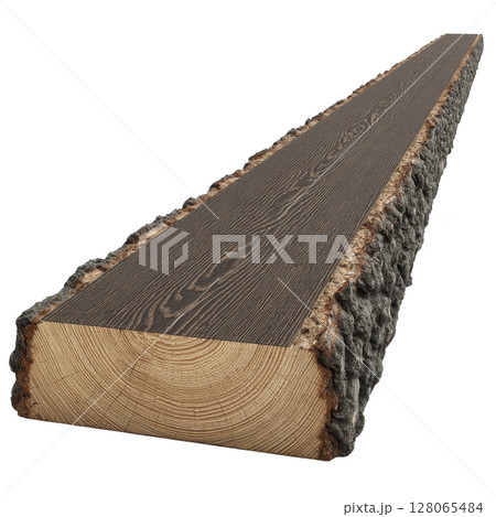 Long, rectangular wooden beam with rough, bark covered edge and smooth, sanded top surface, showcasing natural wood grain. Ideal for rustic construction or decor 128065484