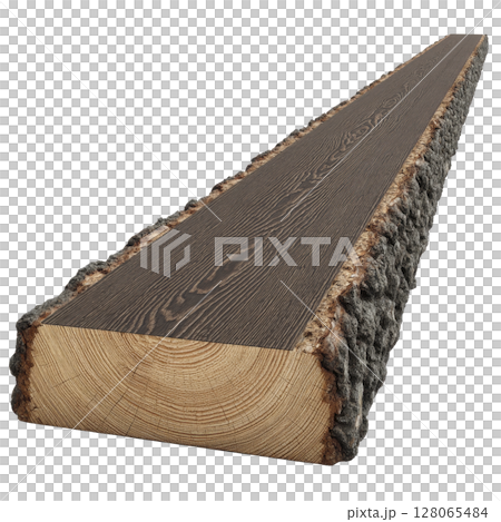 Long, rectangular wooden beam with rough, bark covered edge and smooth, sanded top surface, showcasing natural wood grain. Ideal for rustic construction or decor 128065484