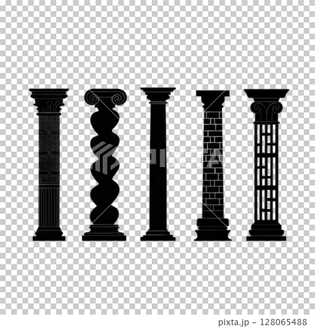 Silhouettes of five distinct architectural columns showcase various classical styles, including Ionic and Corinthian designs, each with unique patterns and details 128065488