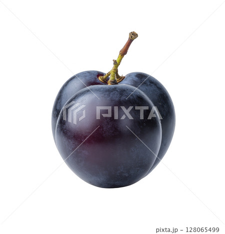 Fresh, ripe black plum with smooth, glossy surface and single stem, isolated on transparency background. plum deep purple color and natural shine make it look appetizing 128065499
