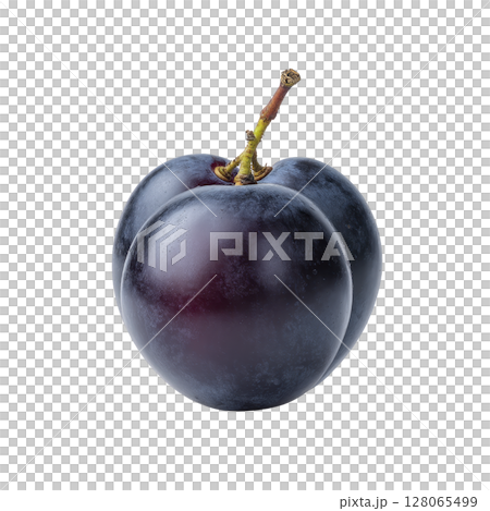 Fresh, ripe black plum with smooth, glossy surface and single stem, isolated on transparency background. plum deep purple color and natural shine make it look appetizing 128065499