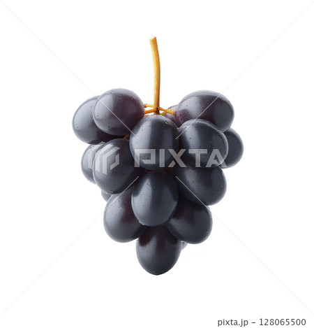 Bunch of fresh, juicy black grapes with vibrant green stem, showcasing their smooth texture and deep color, isolated on transparency background 128065500