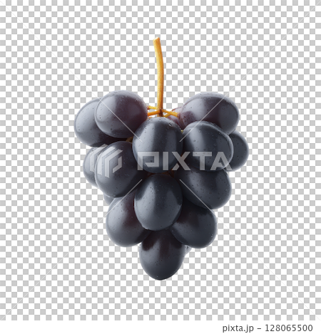 Bunch of fresh, juicy black grapes with vibrant green stem, showcasing their smooth texture and deep color, isolated on transparency background 128065500