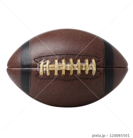 Brown leather American football with visible laces and textured surface, isolated on transparency background. ball is centered and prominently displayed, showcasing its classic design 128065501