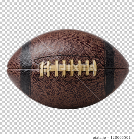 Brown leather American football with visible laces and textured surface, isolated on transparency background. ball is centered and prominently displayed, showcasing its classic design 128065501