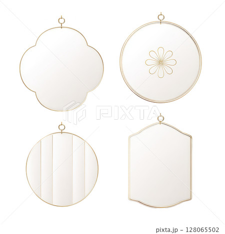 Elegant wall mirrors with various shapes and gold accents, including round, floral, and geometric designs, are displayed against transparency background. These decorative pieces add sophistication 128065502